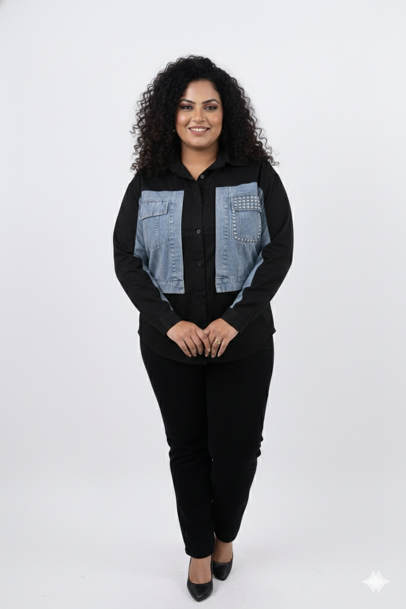 Denim Patchwork & Diamond Studs