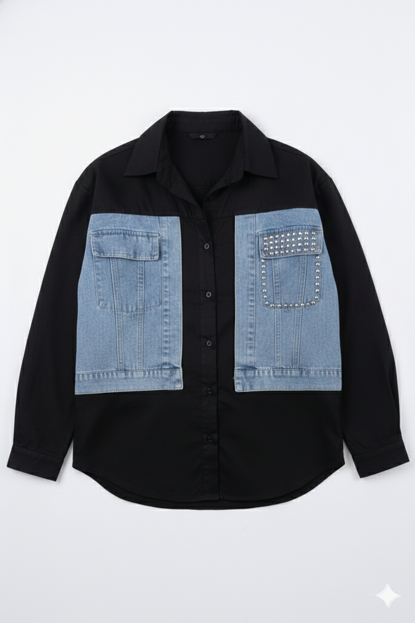 Denim Patchwork & Diamond Studs