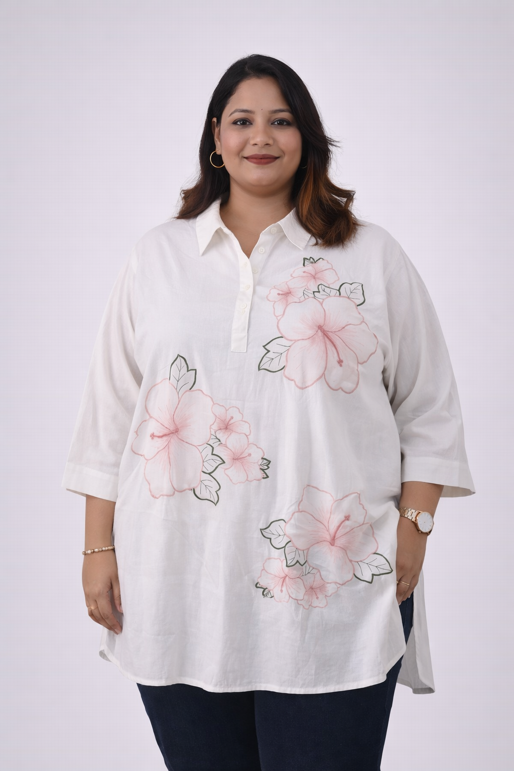 Floral Linen Blend Plus-Size Shirt Top