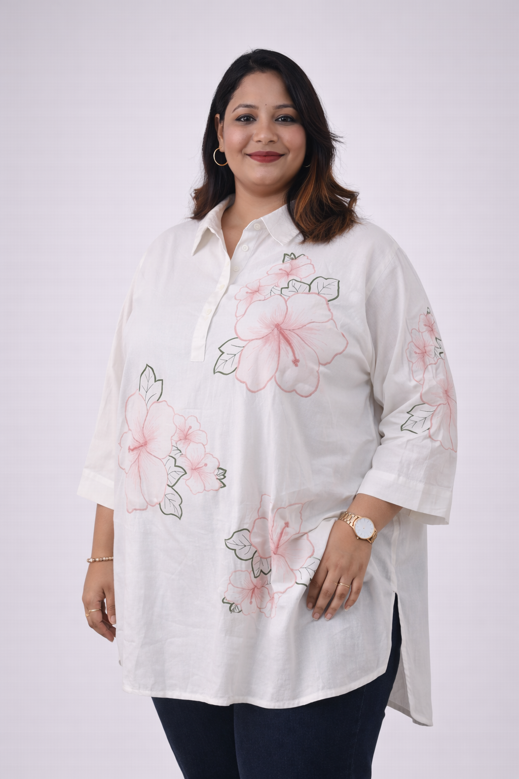 Floral Linen Blend Plus-Size Shirt Top