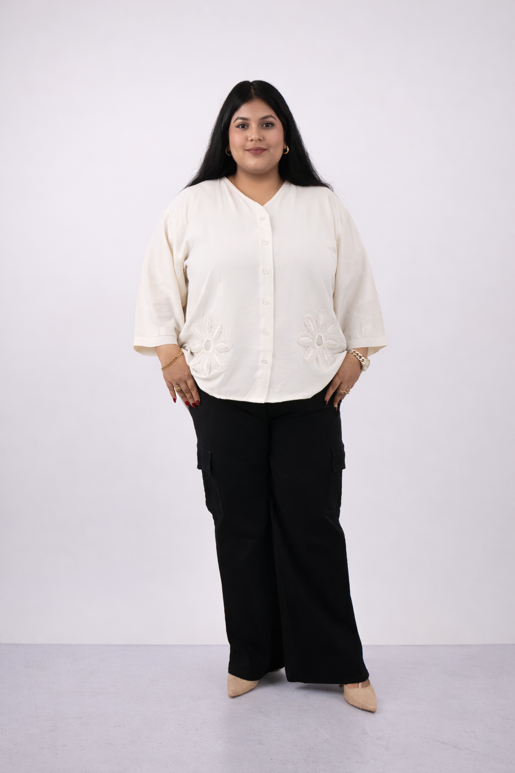 Soft Petal Embroidered Button-Down