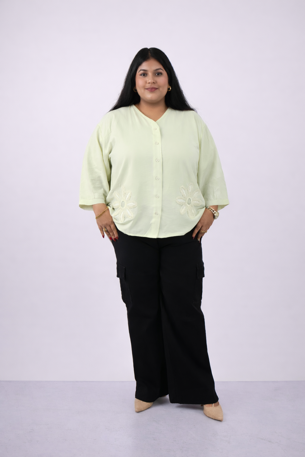 Soft Petal Embroidered Button-Down
