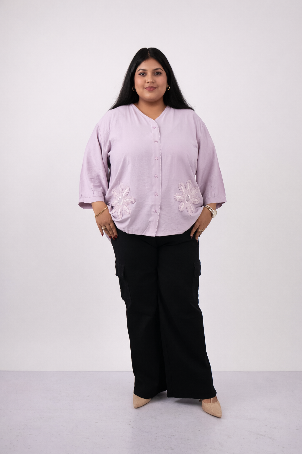 Soft Petal Embroidered Button-Down