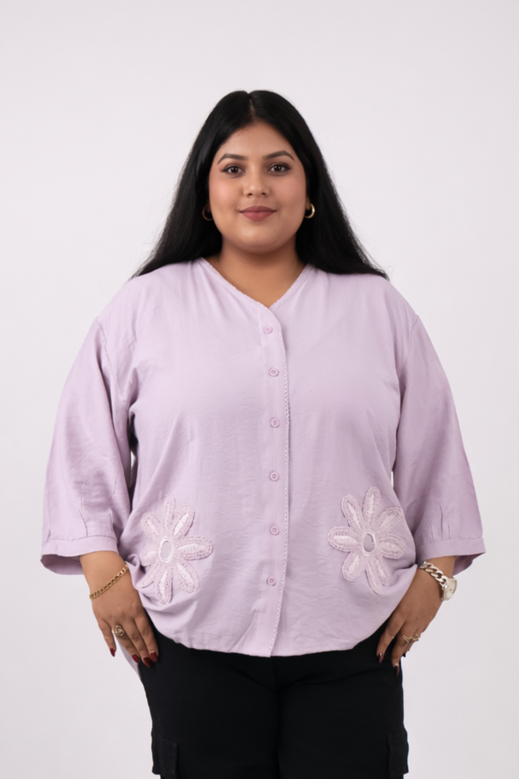 Soft Petal Embroidered Button-Down