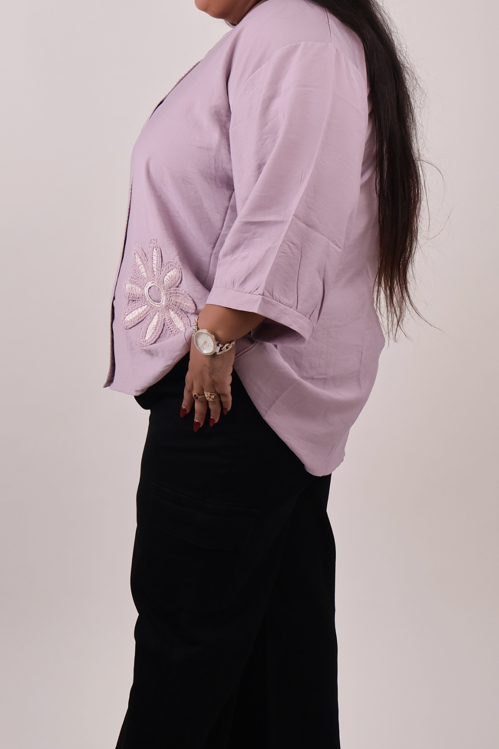 Soft Petal Embroidered Button-Down