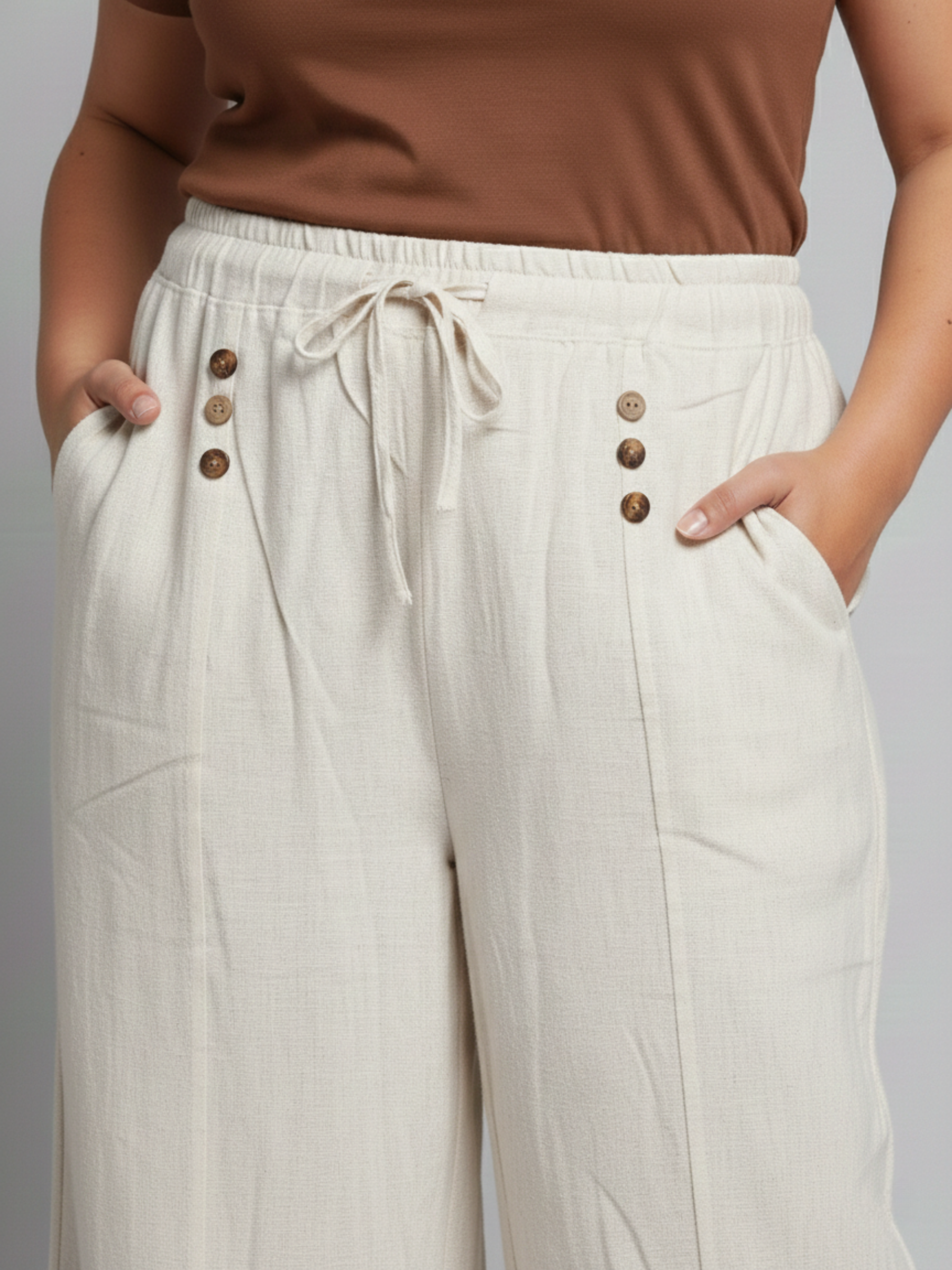 Linen Cream Pants With Button Detail