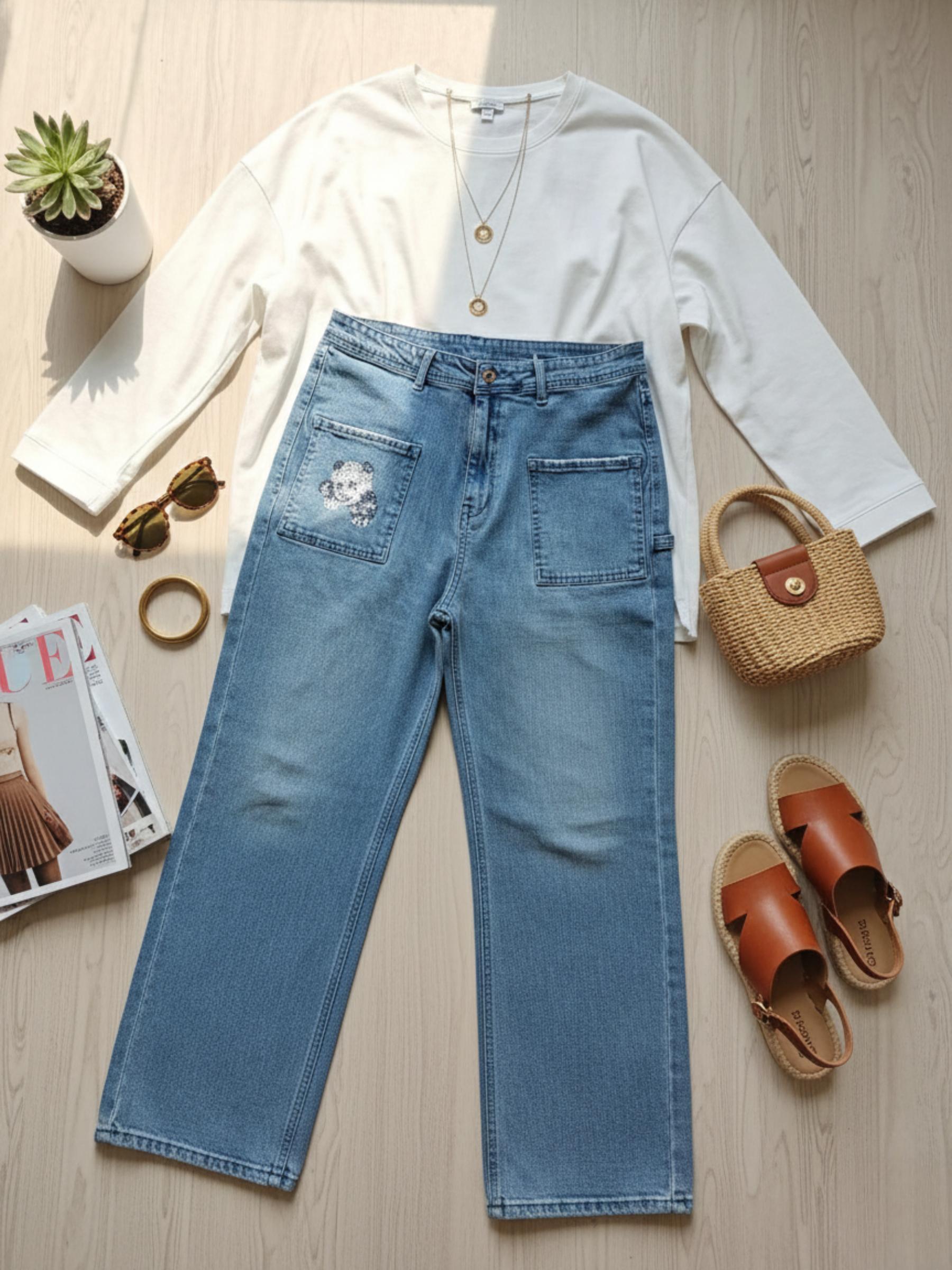 High-Rise Straight Fit Denim Jeans with Diamond Panda Pocket