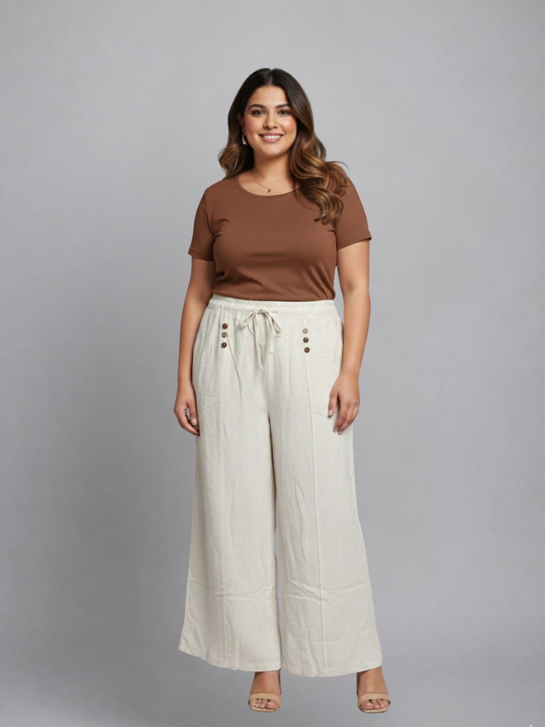 Linen Cream Pants With Button Detail