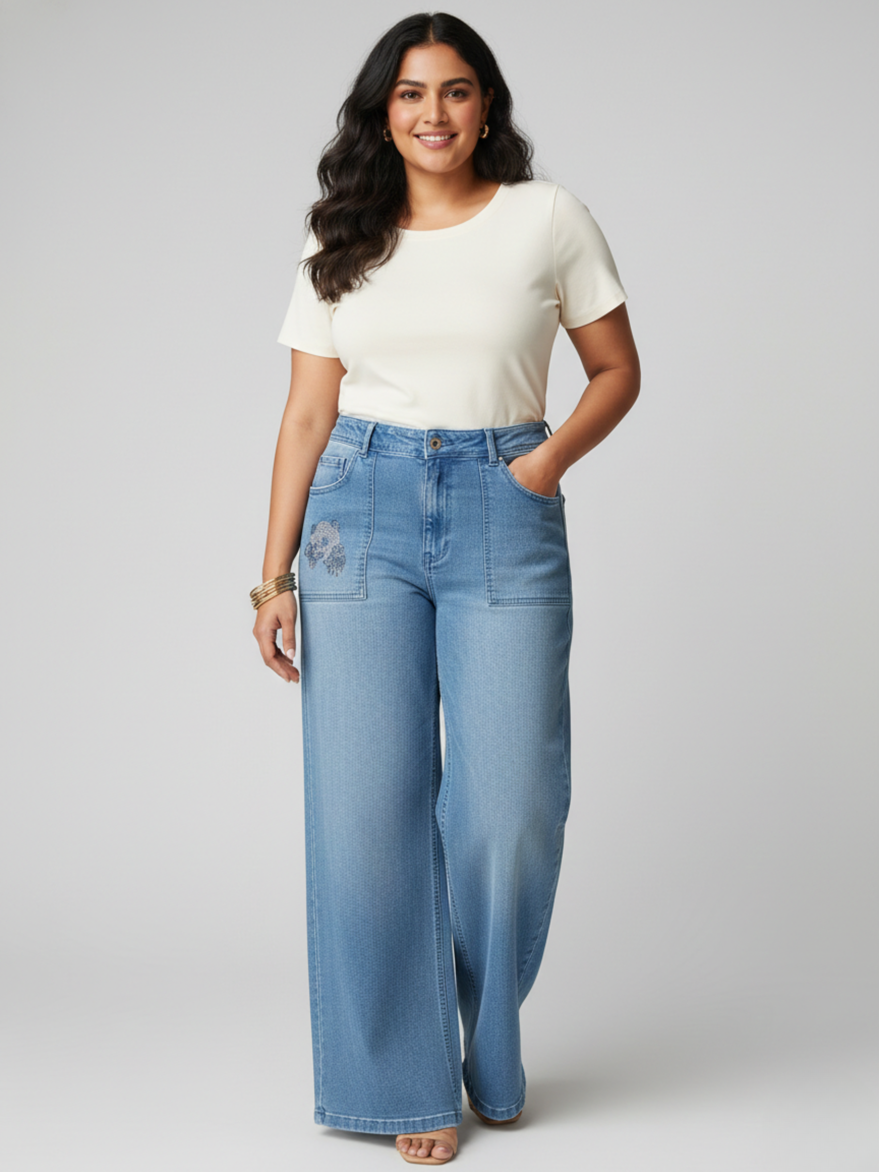 High-Rise Straight Fit Denim Jeans with Diamond Panda Pocket