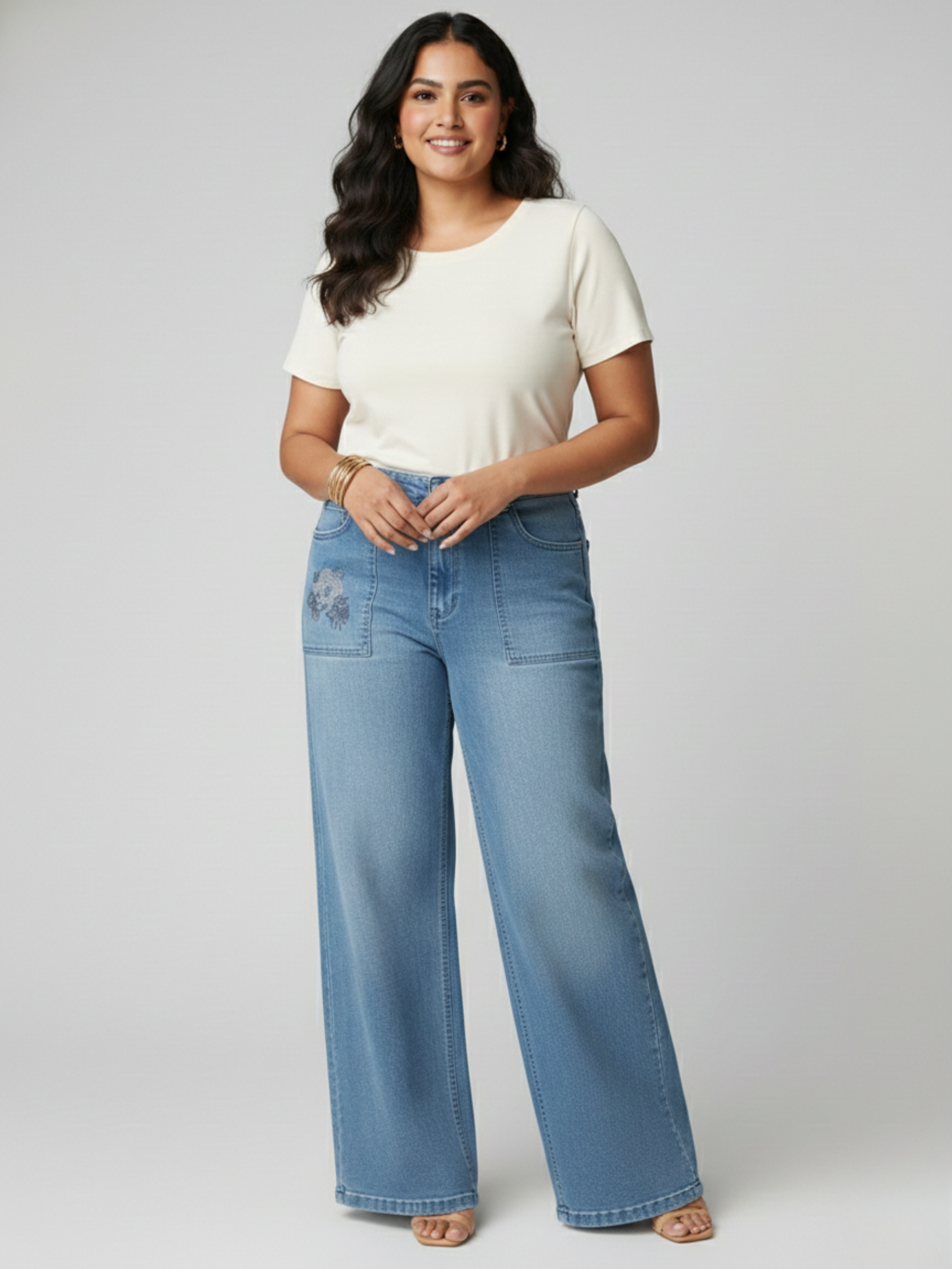 High-Rise Straight Fit Denim Jeans with Diamond Panda Pocket