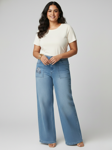 High-Rise Straight Fit Denim Jeans with Diamond Panda Pocket