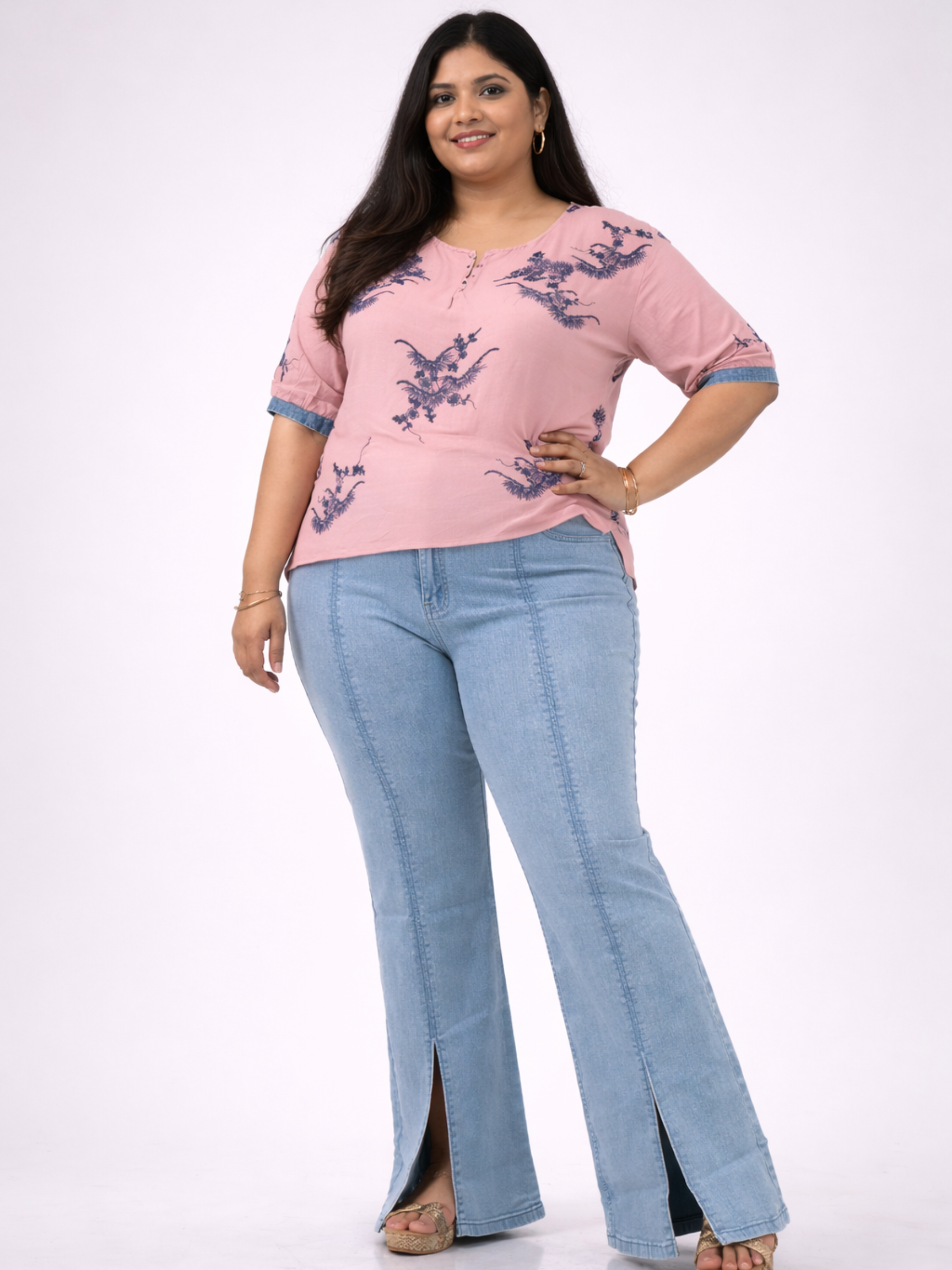 Classic Dark Blue Bootcut Denim Jeans with Front Slit Detailing