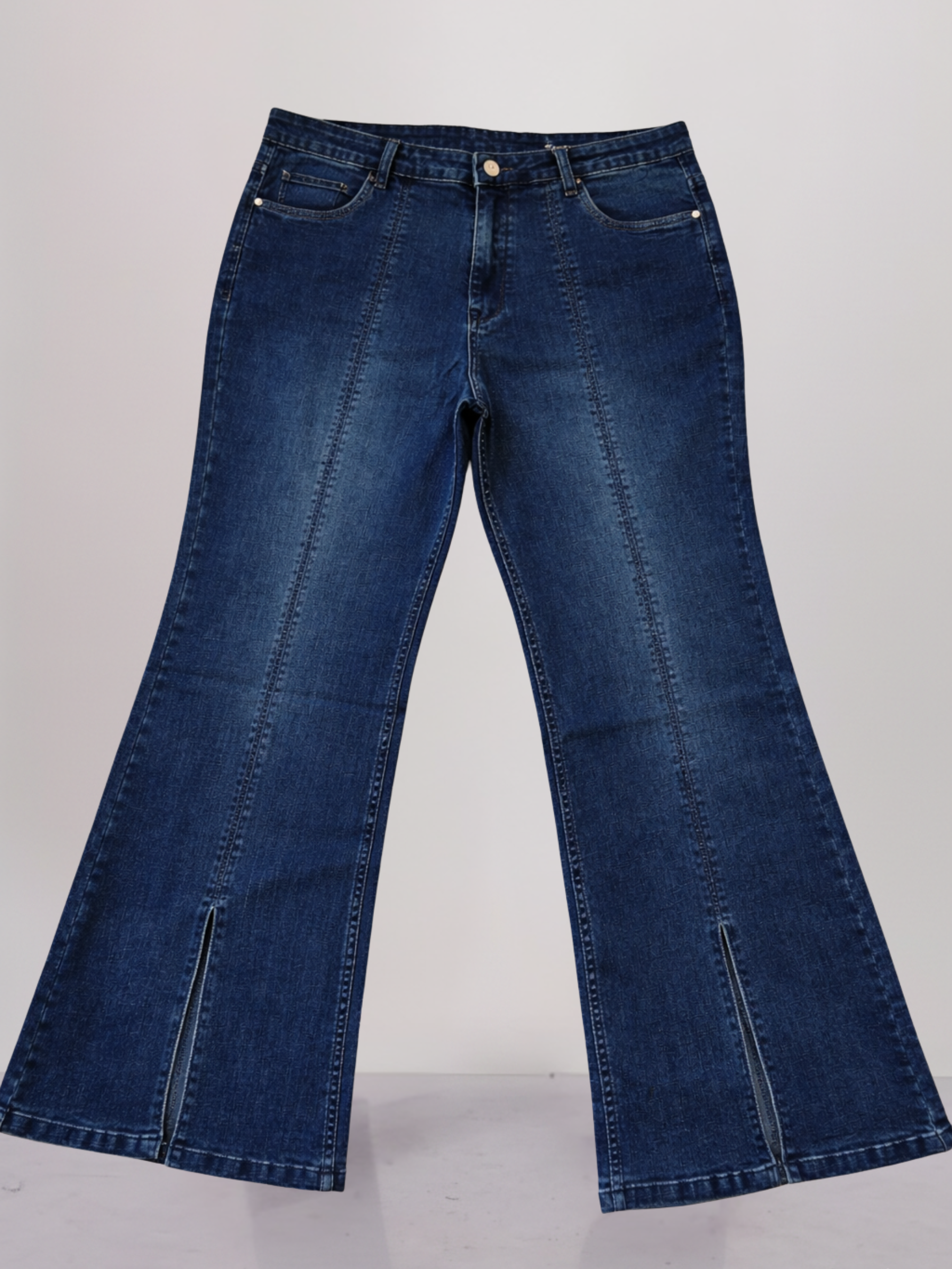 Classic Dark Blue Bootcut Denim Jeans with Front Slit Detailing