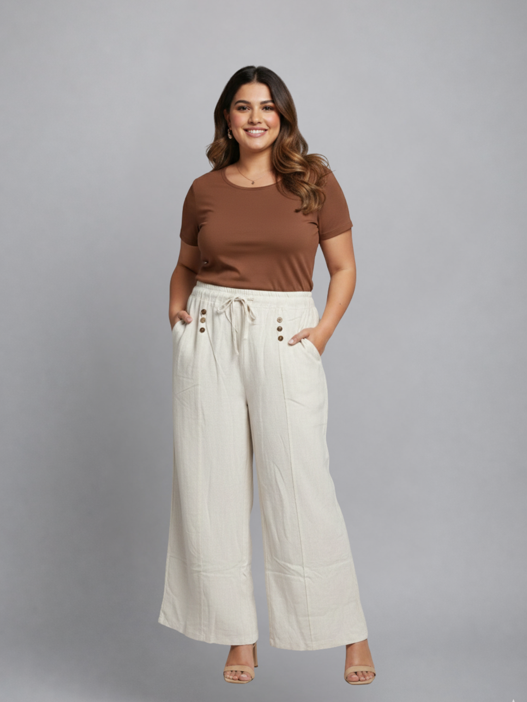 Linen Cream Pants With Button Detail
