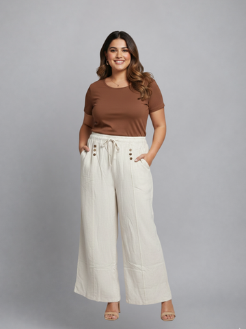 Linen Cream Pants With Button Detail