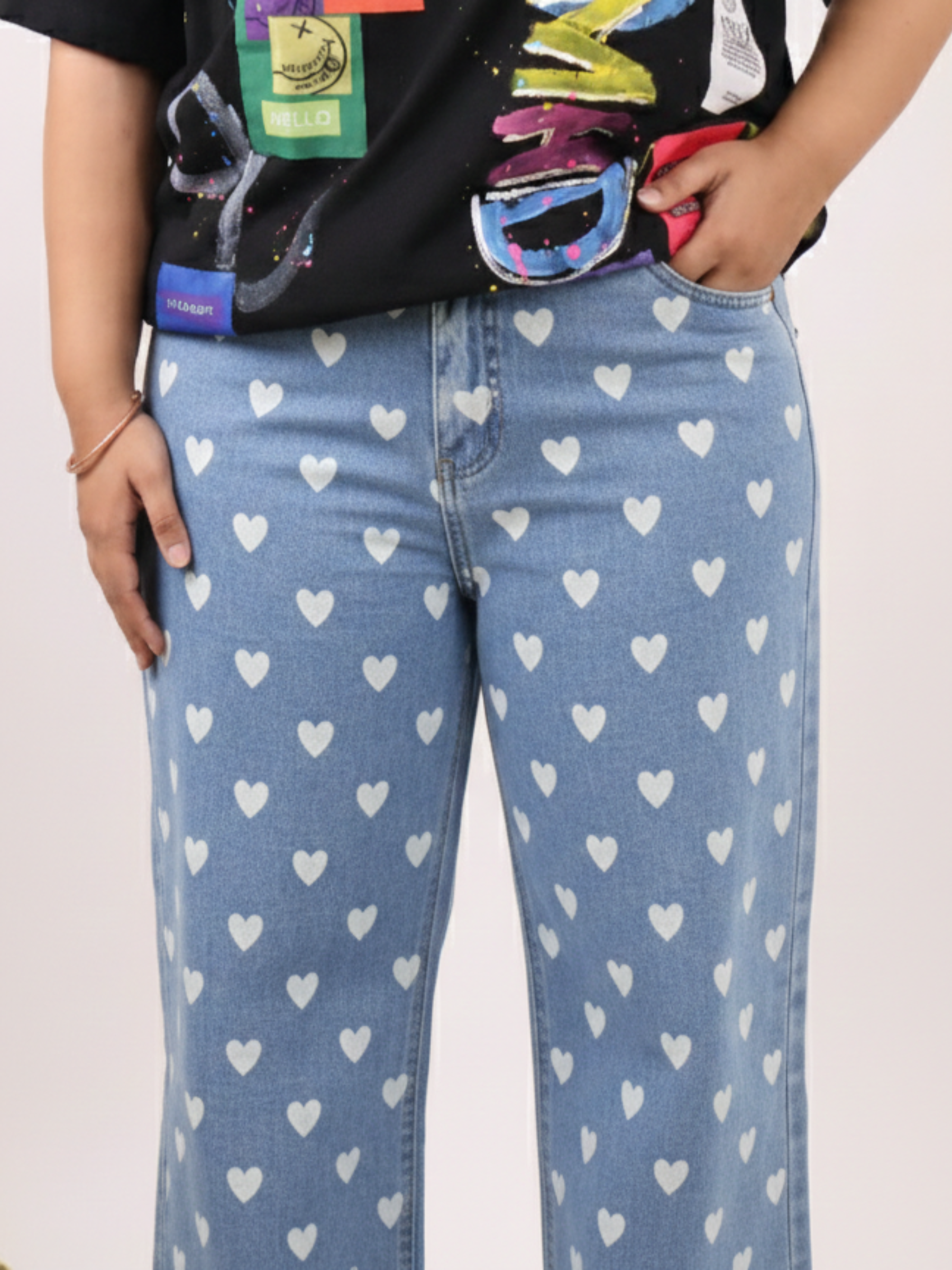 Heart Print Wide-Leg Denim Jeans