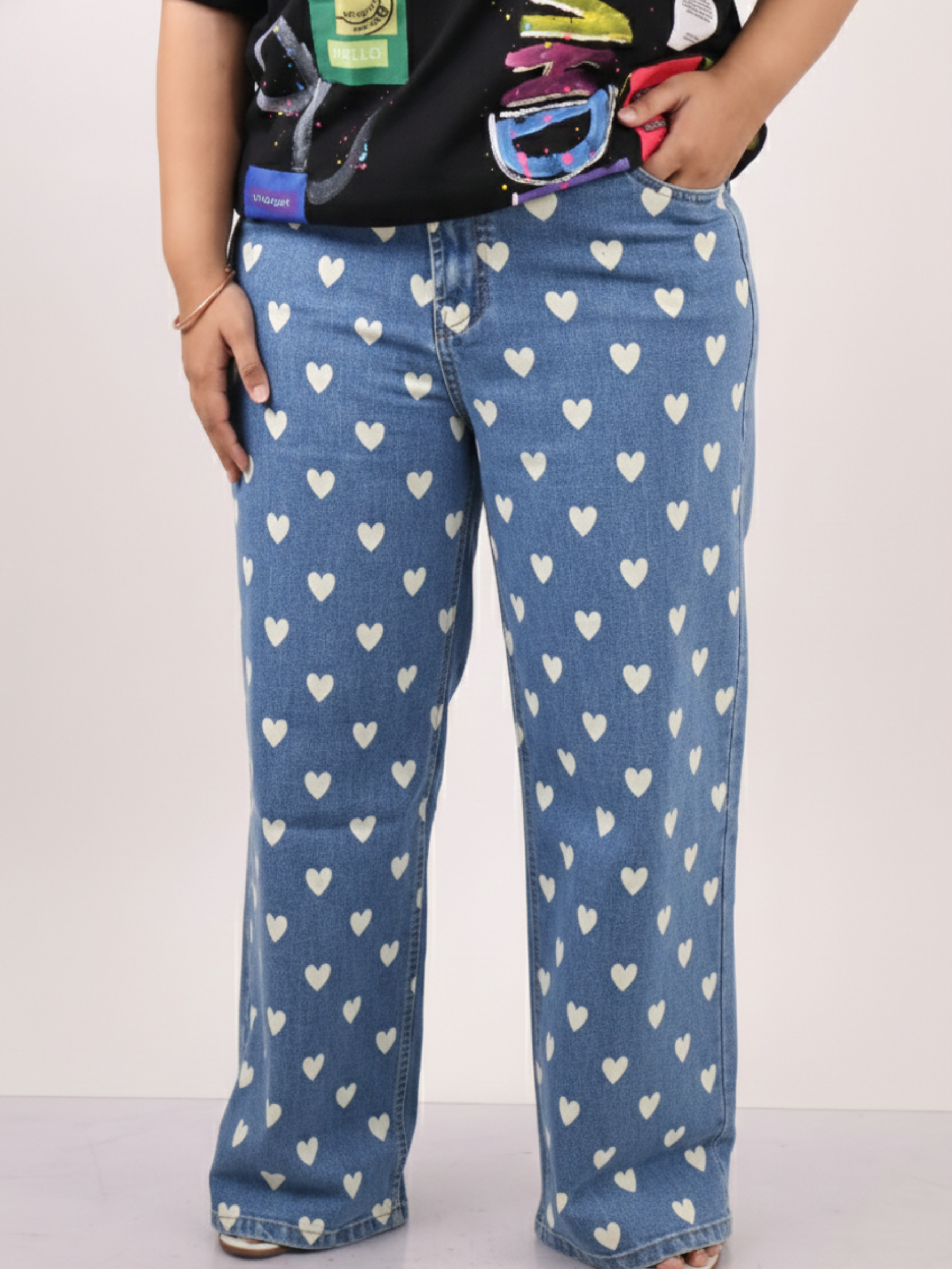 Heart Print Wide-Leg Denim Jeans