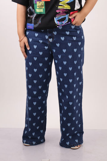 Heart Print Wide-Leg Denim Jeans