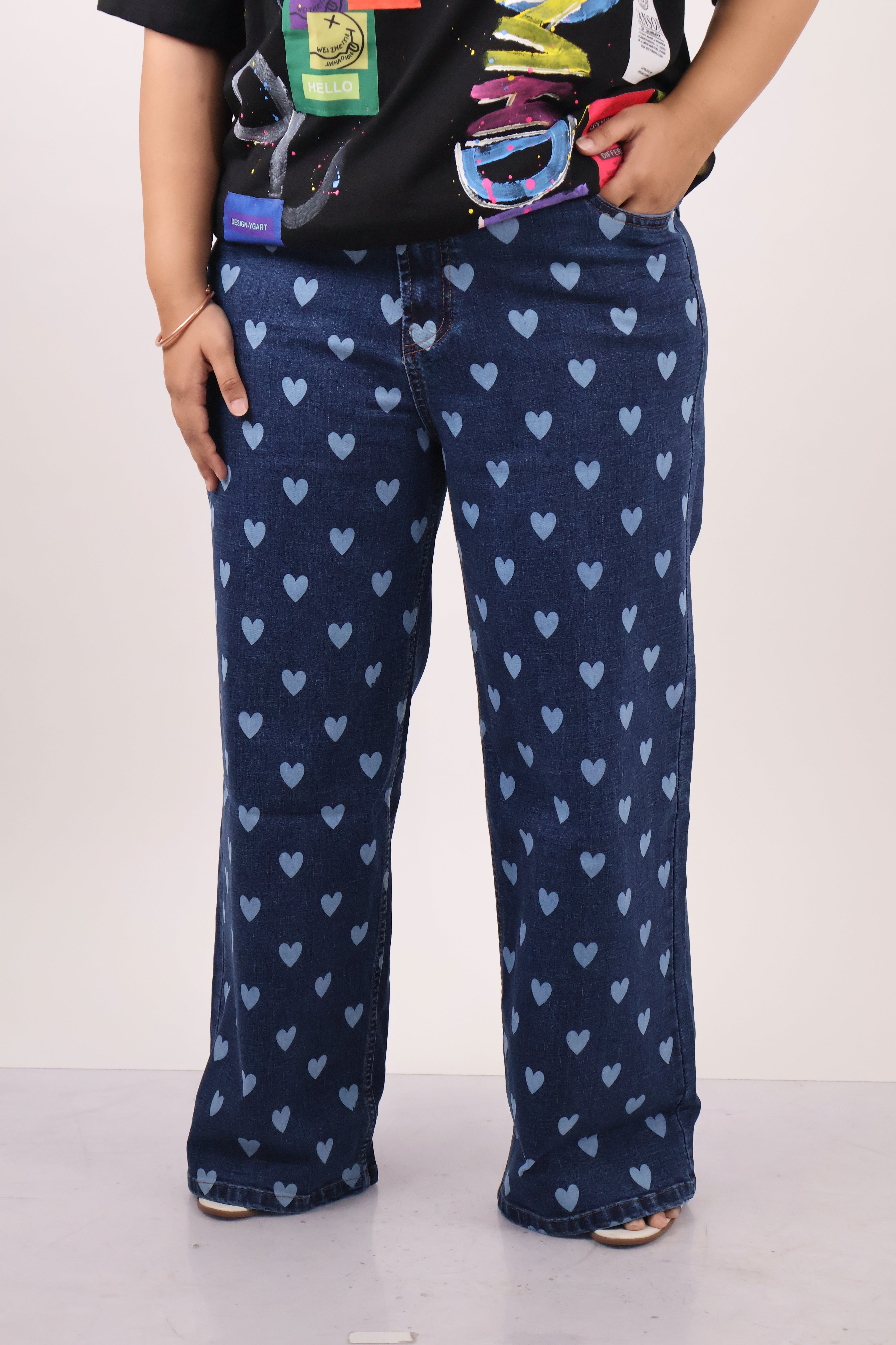 Heart Print Wide-Leg Denim Jeans