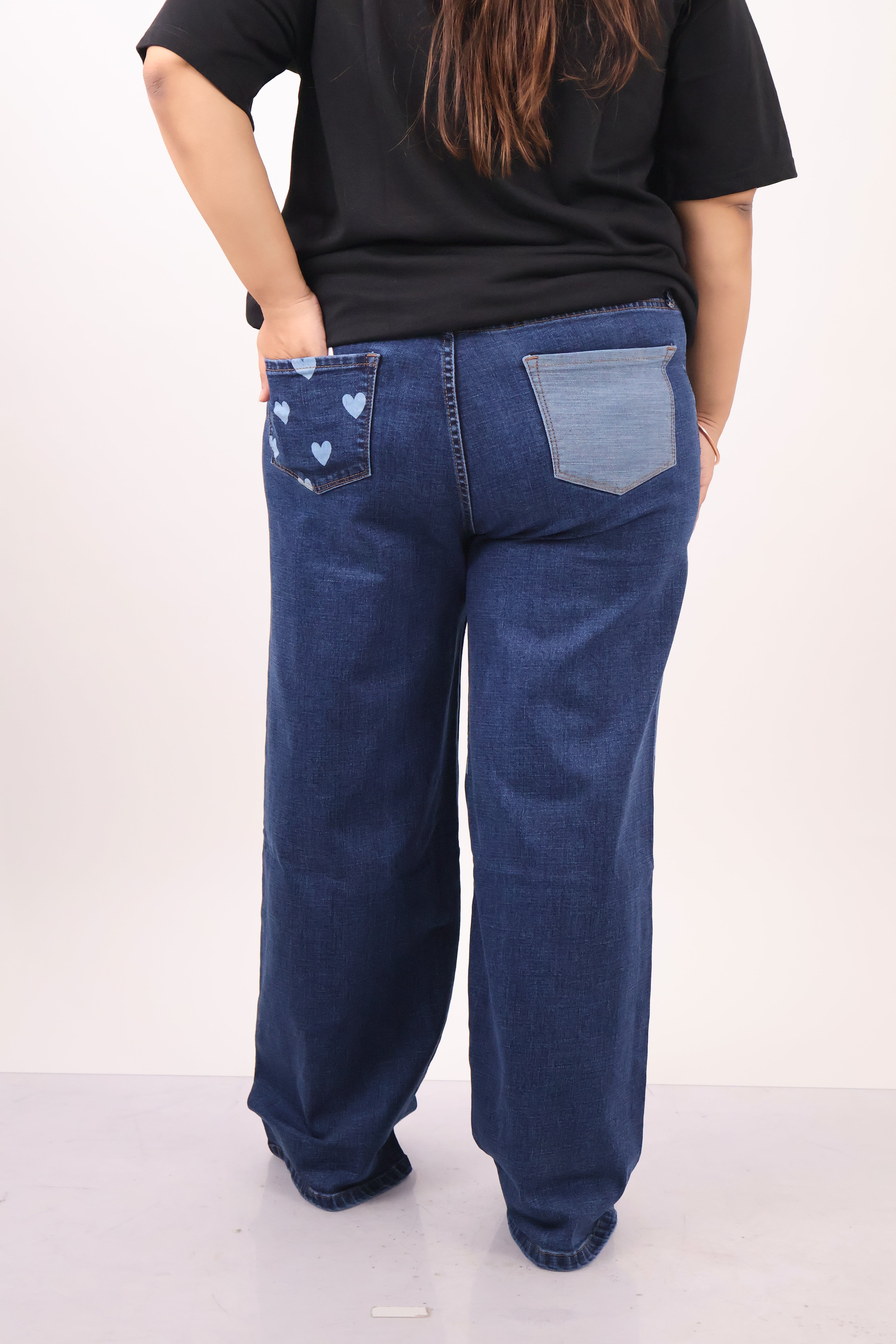 Heart Print Wide-Leg Denim Jeans