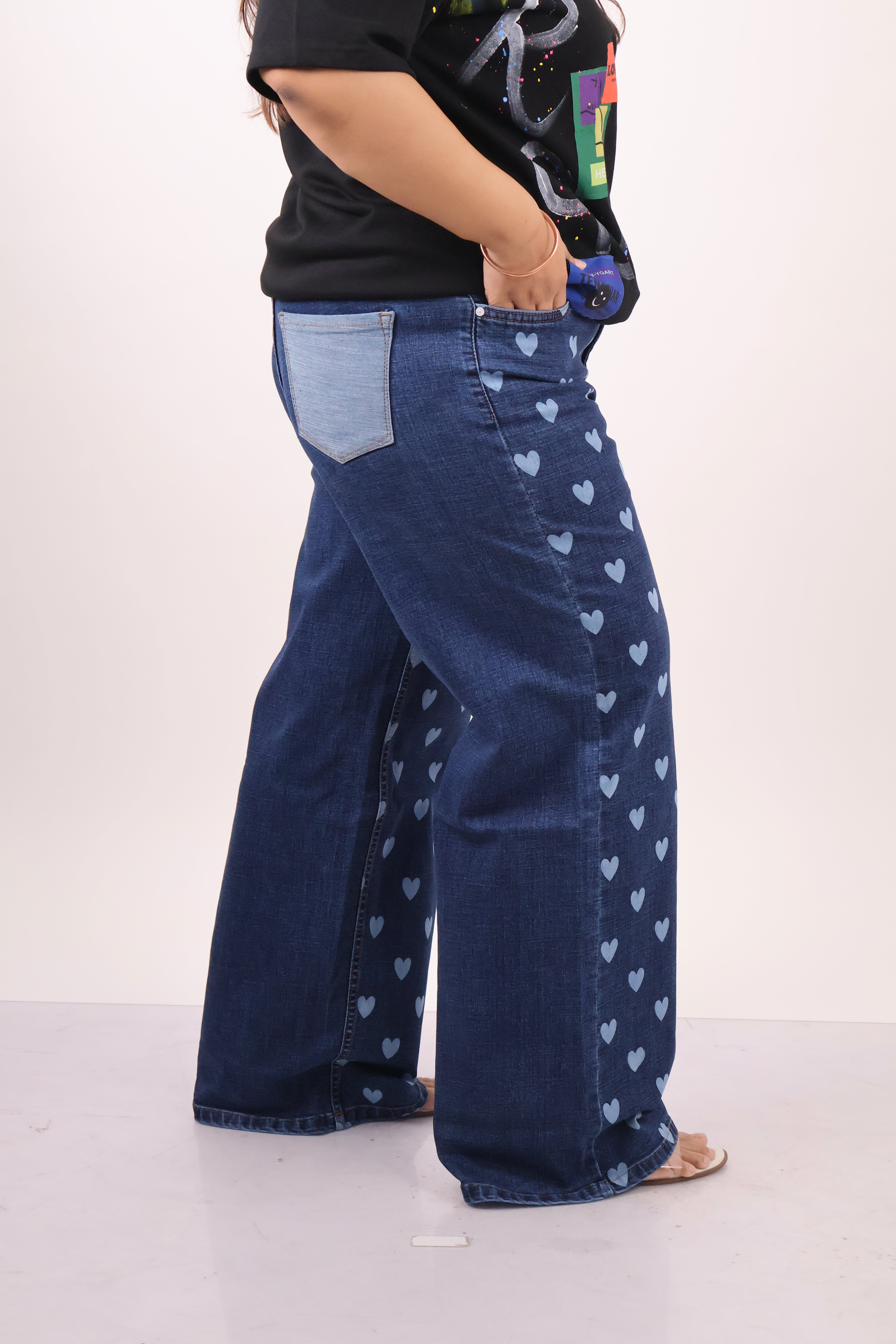 Heart Print Wide-Leg Denim Jeans
